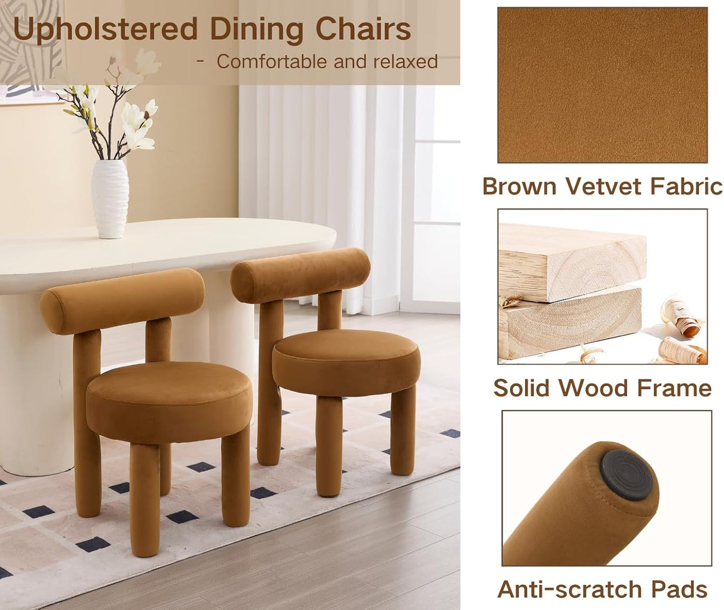 Two brown stools in front of a white dining table with a vase of flowers on a beige rug.