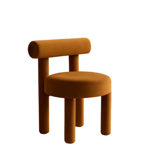 Velvet Curviliniear dining chair:  Curvilinear Dining Chair Amber Velvet Accent Chair Neo-Modern Furniture Pill-Shaped Chair Modern Organic Seating Sculptural Vanity Chair Amber Brown Velvet Minimalist Armless Chair Mid-Century Farmhouse Update High-End Dining Decor Cylindrical Leg Chair Statement Dining Seating 