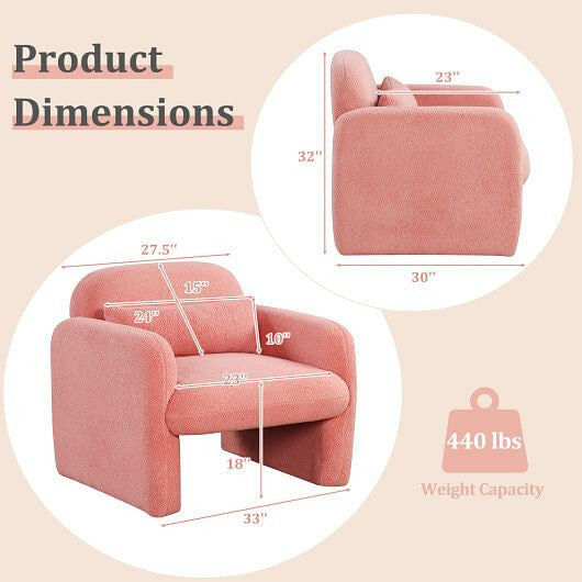 Dimensions for this Modern Sherpa Accent Chair  in a muted pink is a masterclass in soft geometry, featuring continuous, flowing lines and a weighted, ground-hugging silhouette. Wrapped in ultra-tactile sherpa upholstery, it’s a curvilinear statement piece that invites you to sink in and stay a while.