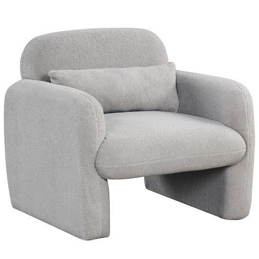 This Modern Sherpa Accent Chair  in a cool grey  is a masterclass in soft geometry, featuring continuous, flowing lines and a weighted, ground-hugging silhouette. Wrapped in ultra-tactile sherpa upholstery, it’s a curvilinear statement piece that invites you to sink in and stay a while.