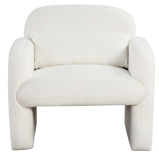 This Modern Sherpa Accent Chair  in a bright white is a masterclass in soft geometry, featuring continuous, flowing lines and a weighted, ground-hugging silhouette. Wrapped in ultra-tactile sherpa upholstery, it’s a curvilinear statement piece that invites you to sink in and stay a while.