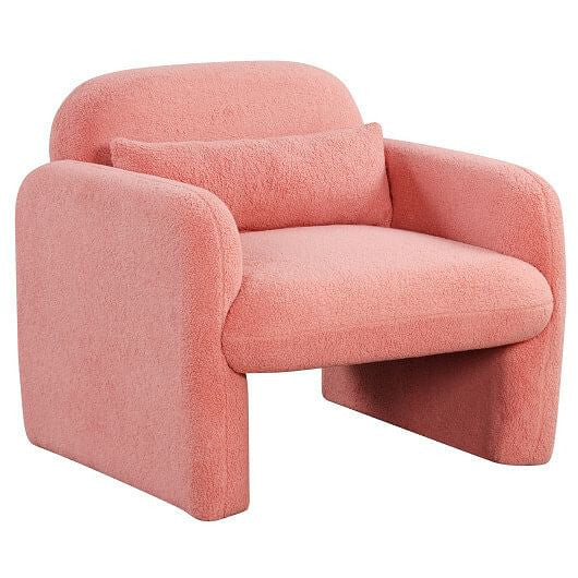 This Modern Sherpa Accent Chair  in a muted pink is a masterclass in soft geometry, featuring continuous, flowing lines and a weighted, ground-hugging silhouette. Wrapped in ultra-tactile sherpa upholstery, it’s a curvilinear statement piece that invites you to sink in and stay a while.
