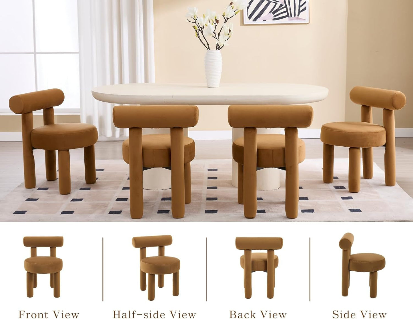 Dining table set with four curvilinear velvet  chairs in a room with a window and decorative elements.  Velvet Curviliniear dining chair:  Curvilinear Dining Chair Amber Velvet Accent Chair Neo-Modern Furniture Pill-Shaped Chair Modern Organic Seating Sculptural Vanity Chair Amber Brown Velvet Minimalist Armless Chair Mid-Century Farmhouse Update High-End Dining Decor Cylindrical Leg Chair Statement Dining Seating 